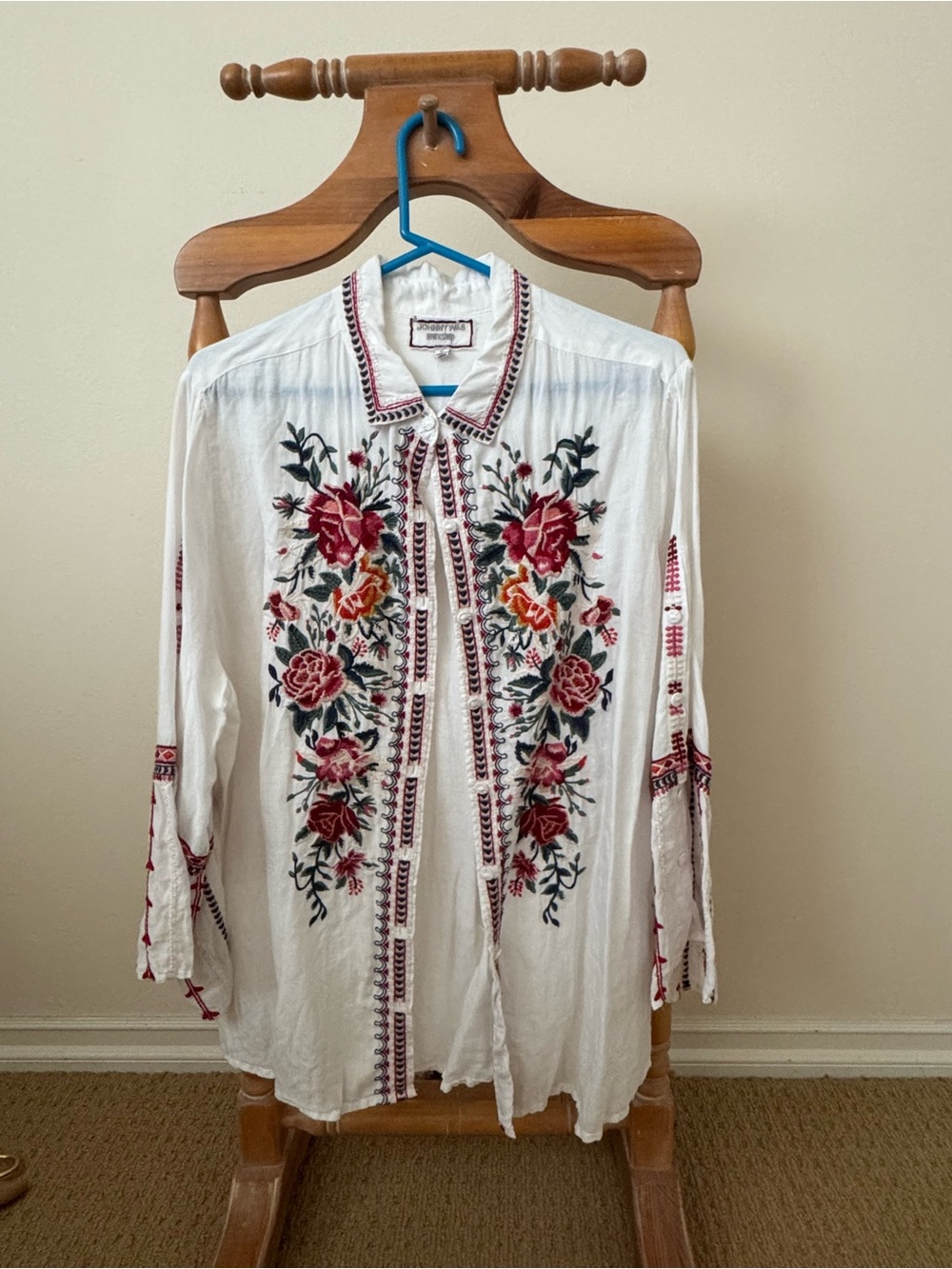 Johnny Was White Embroidered Floral button down blouse bell sleeve Blouse XL - Picture 1 of 8